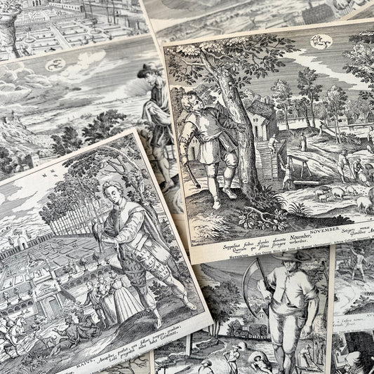 1911 Set of 12 Renaissance Landscape Engravings - Josse de Momper "The Twelve Months" | Antique Ephemera Pack for Art, Collage, Mixed Media