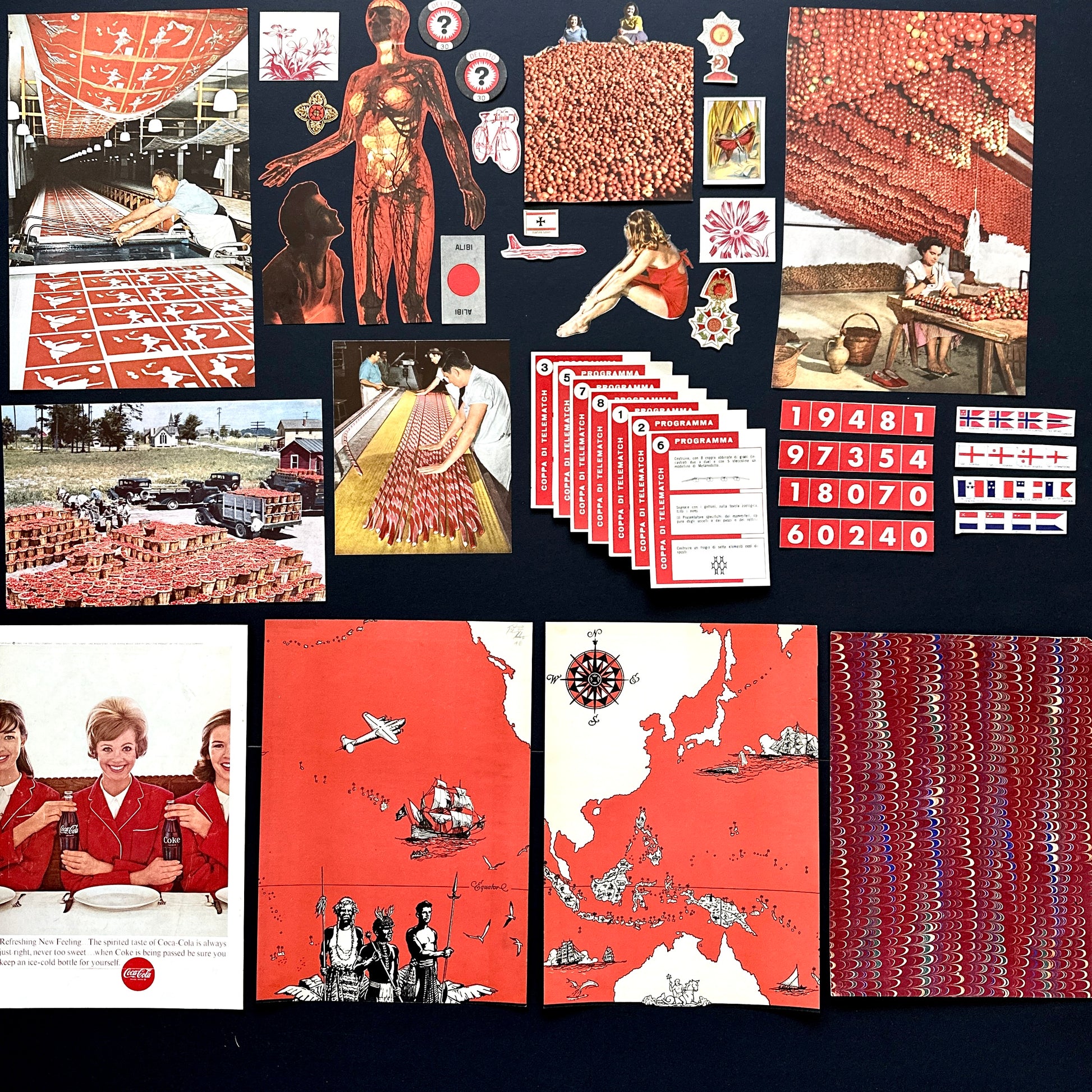 Curated red ephemera pack: Vintage fussy cut images, Coca-Cola, marbled paper,  vintage paper fragments
