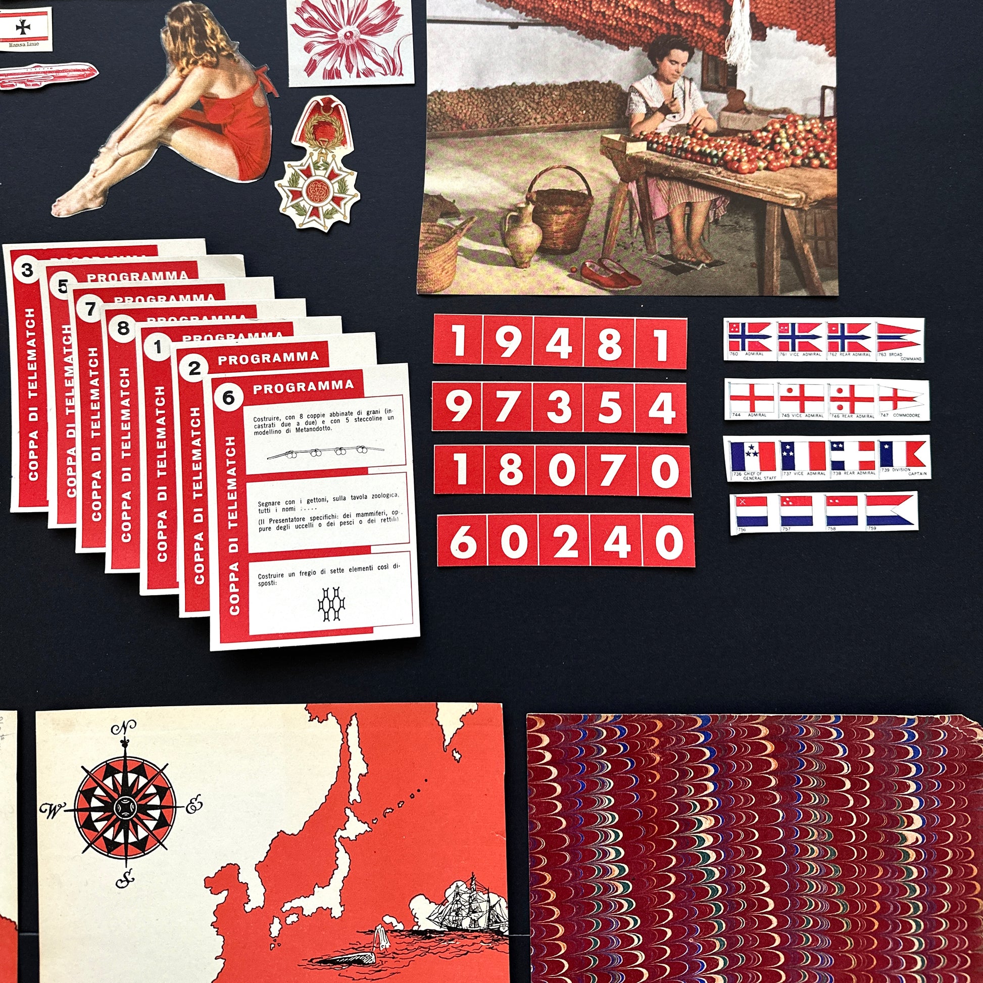 Curated red ephemera pack: Vintage fussy cut images, Coca-Cola, marbled paper,  vintage paper fragments