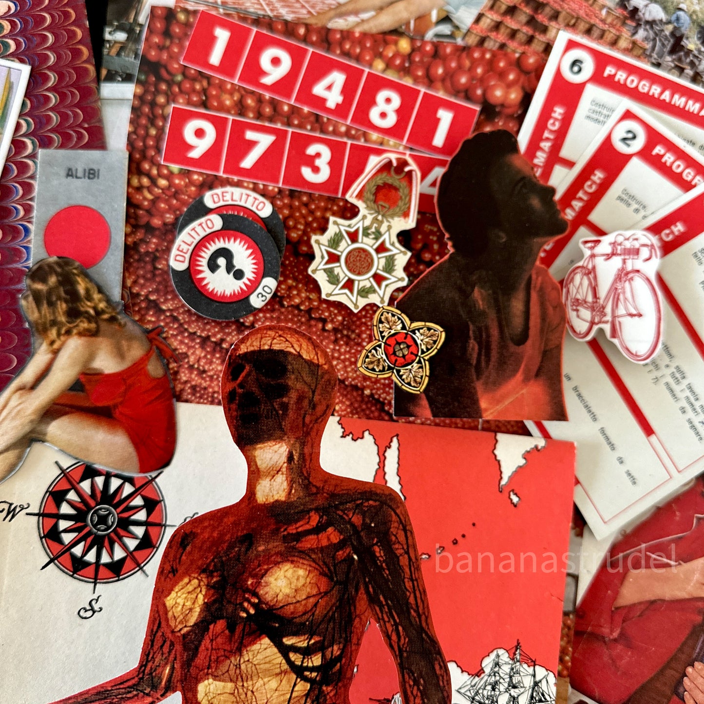 Curated red ephemera pack: Vintage fussy cut images, Coca-Cola, marbled paper,  vintage paper fragments