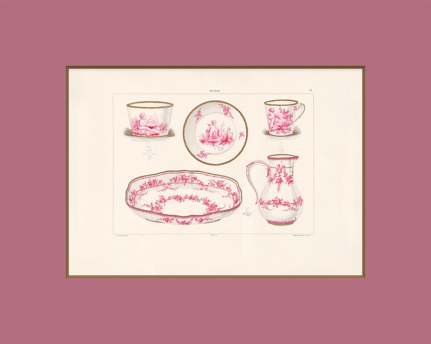 Sevres Porcelain - 1892 Rare Large Antique Print of the Soft Porcelain of Royal Factory of Sévres - By Edouard Garnier - Flowers and Cherubs