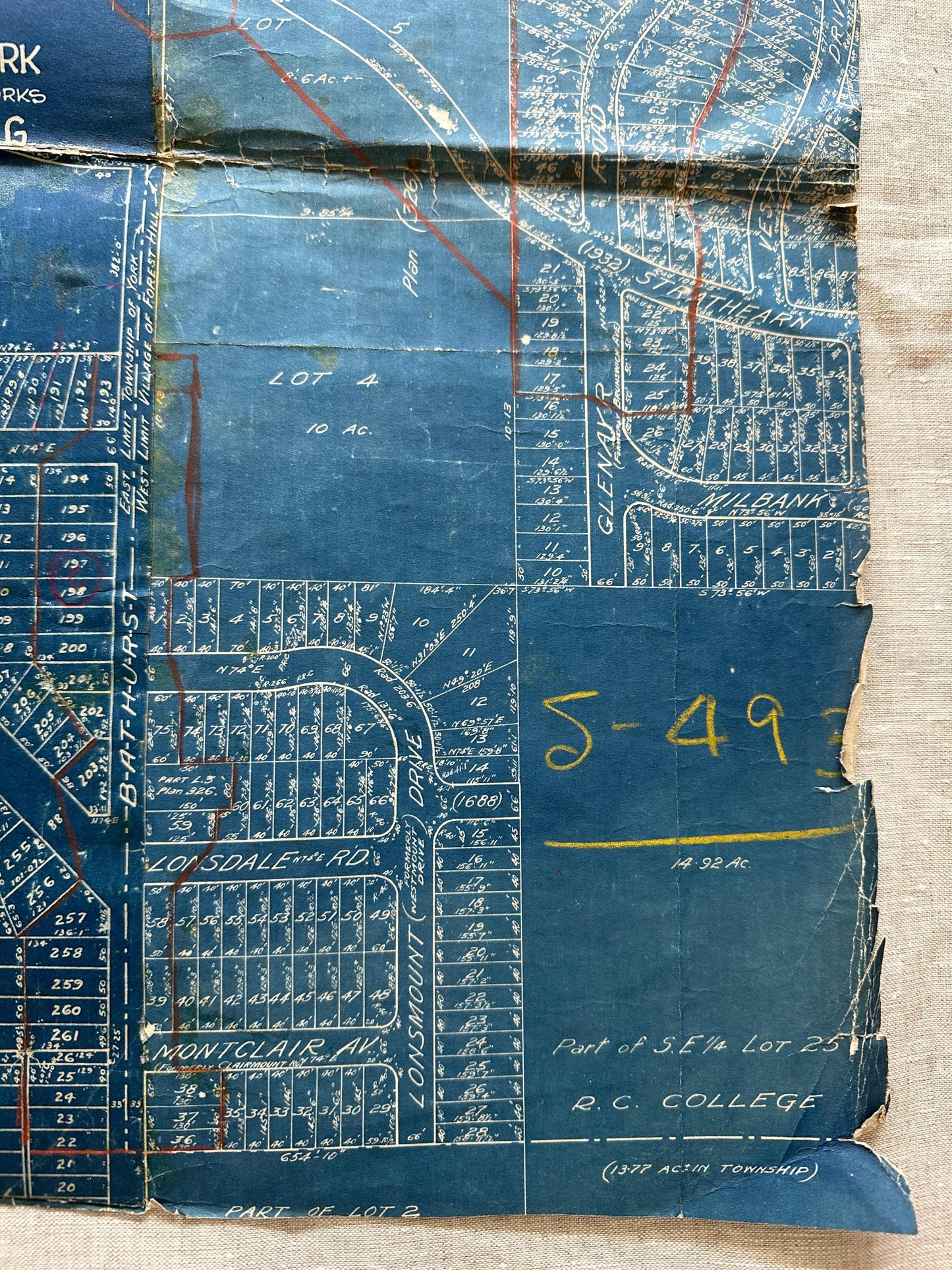 Rare ca. 1929 Blueprint Map / Forest Hill / Town of York / Lonsdale Road, Vesta Drive, Strathearn, Rosemary Lane, Milbank, Montclair Part 2