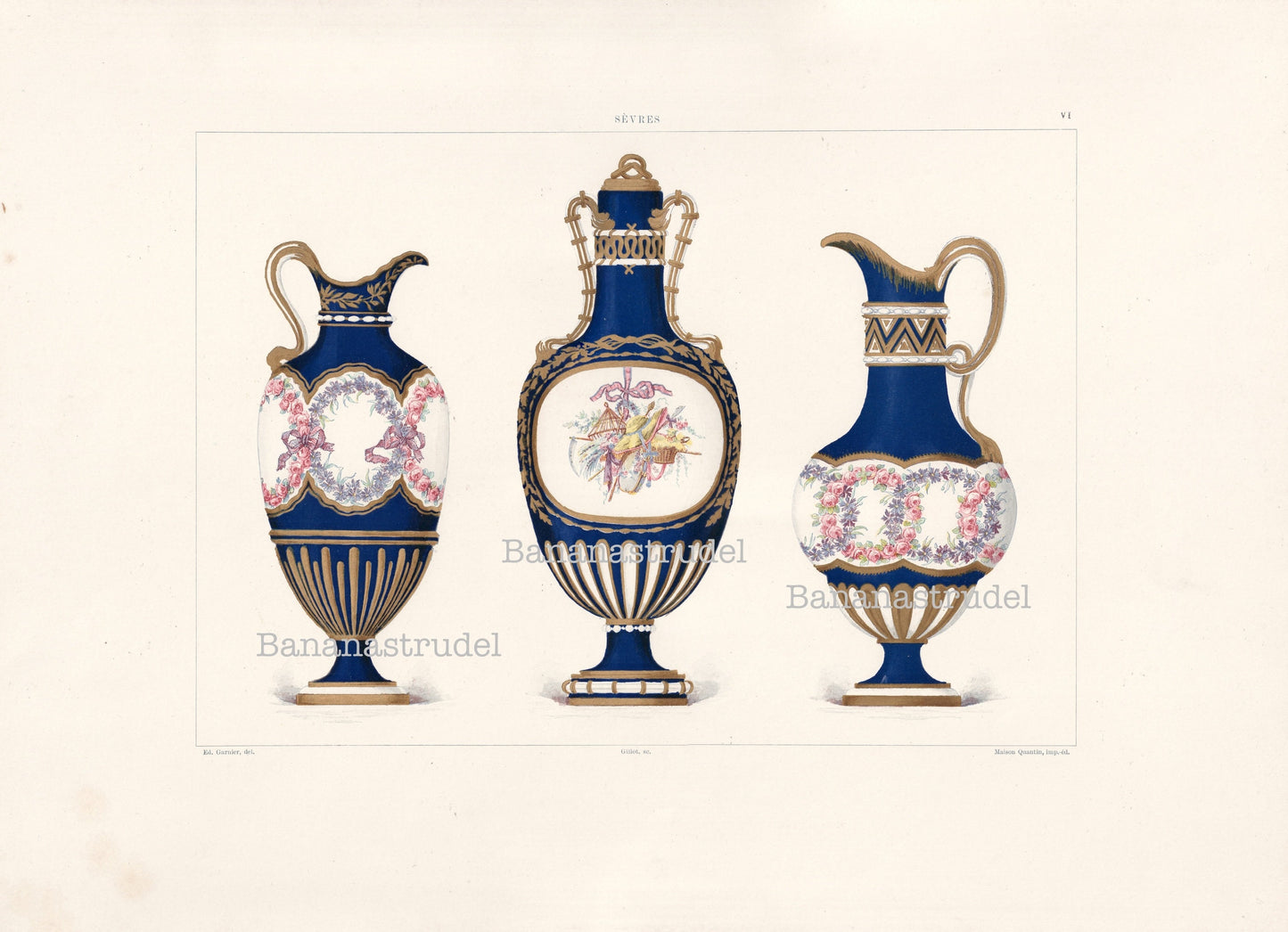 Sevres Porcelain - 1892 Rare Large Antique Print of the Soft Porcelain of Royal Factory of Sévres - Painted by Edouard Garnier - Plate VI