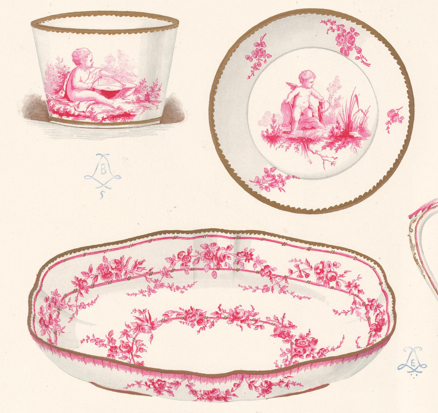 Sevres Porcelain - 1892 Rare Large Antique Print of the Soft Porcelain of Royal Factory of Sévres - By Edouard Garnier - Flowers and Cherubs