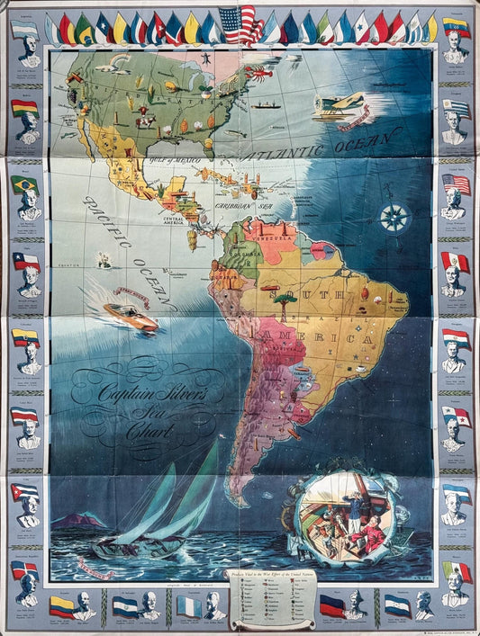 RARE Original 1942 Illustrated Retro Map of North and South America - Captain Silver's Sea Chart - WWII Collectible Colourful Poster