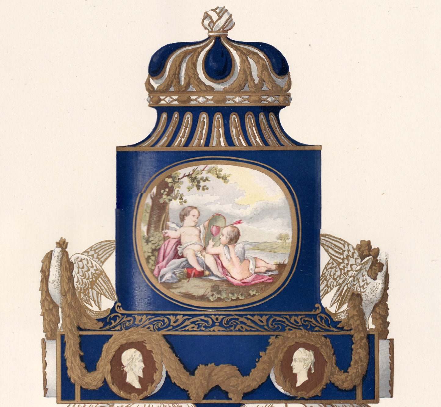 Sevres Porcelain - 1892 Rare Large Antique Print of the Soft Porcelain of Royal Factory of Sévres - Painted by Edouard Garnier - Cherubs