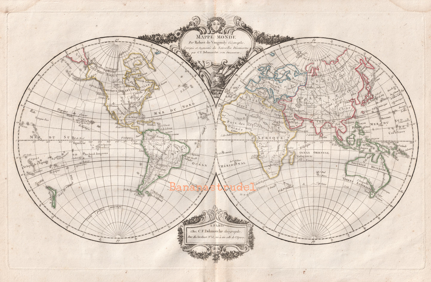 Vintage World Map - 1812 Old Map of the World in Hemispheres - Hand Coloured Vaugondy/Delamarche Map