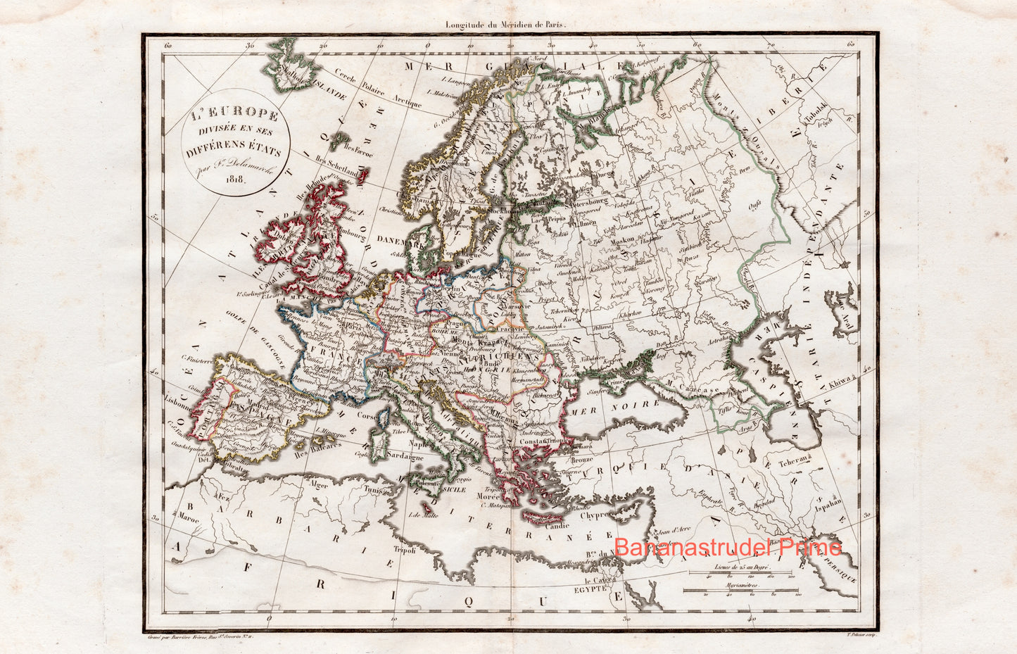 Vintage Map of Europe - 1818 Hand Coloured Vaugondy/Delamarche Map (ET)