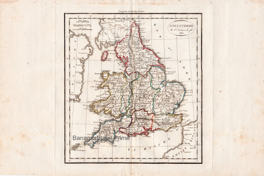 Vintage Map of England - Angleterre - Hand Coloured Vaugondy/Delamarche Map - Old Map from 1812