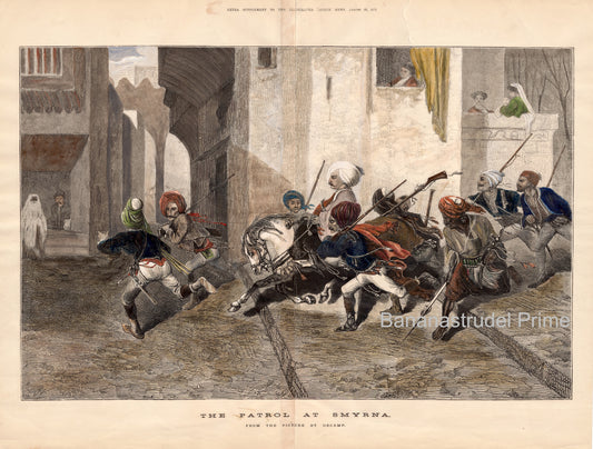 Large 1874 Antique Print - The Patrol at Smyrna - Hand Colored  -  Full Page - Illustrated London News - Alexandre-Gabriel Decamps