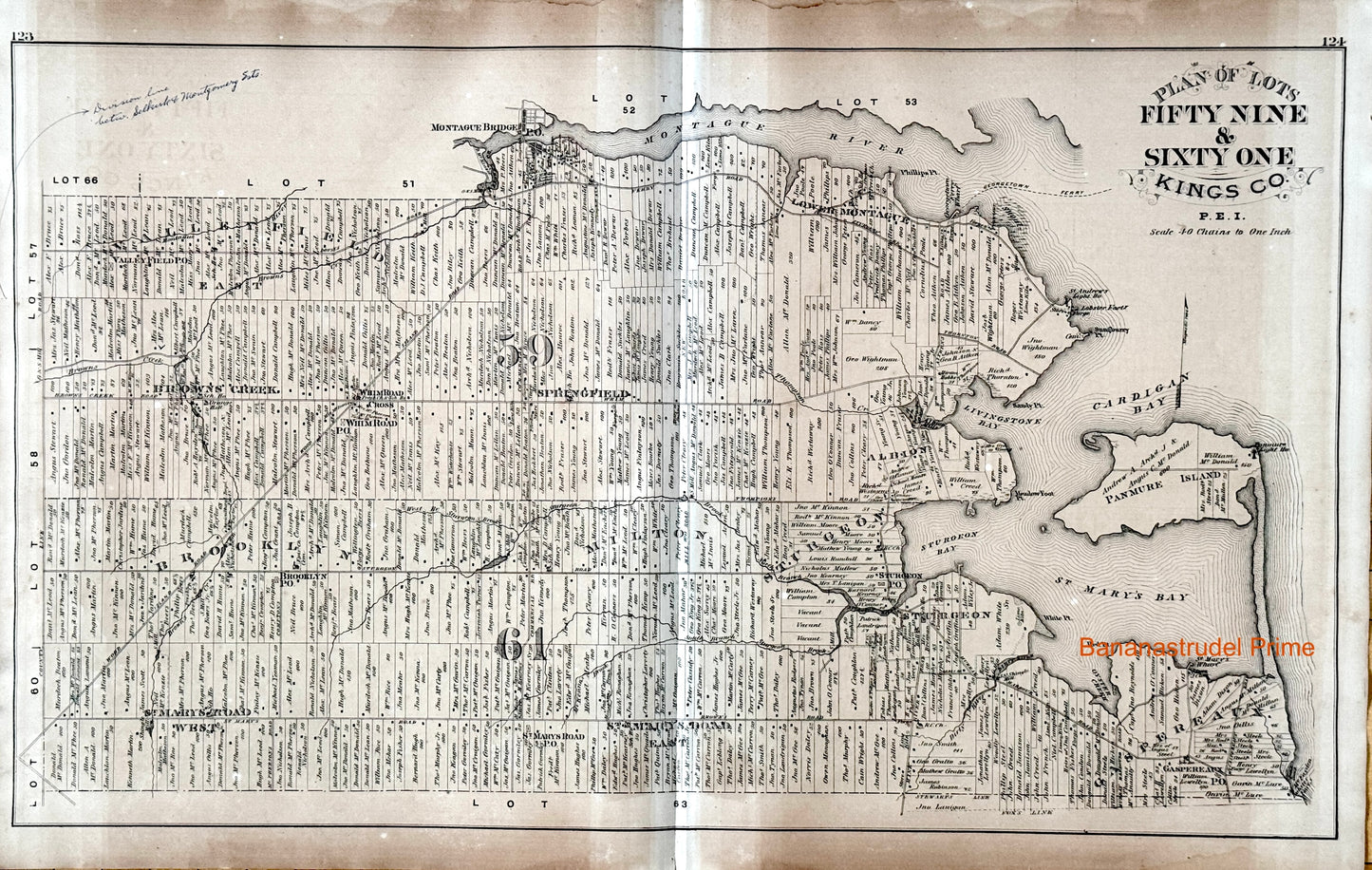 Antique Map of Prince Edward Island - Lots 59 and 61, Kings County - 1880 Large Rare Handcolored Map - Panmure Island - Montague Bridge - Cardigan Bay