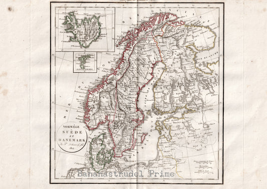 Vintage Map of Norway, Sweden, and Iceland - Old Map from 1812 - Hand Coloured Vaugondy/Delamarche Map