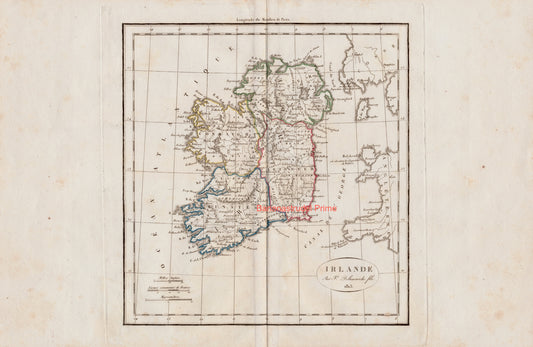 Vintage Map of Ireland - Hand Coloured Vaugondy/Delamarche Map - Old Map from 1812