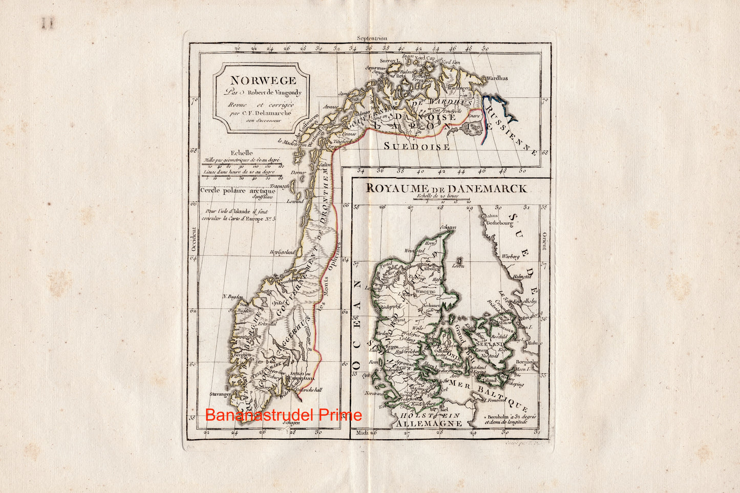 Vintage Map of Denmark and Norway - Hand Coloured Vaugondy/Delamarche Map - Old Map from 1812