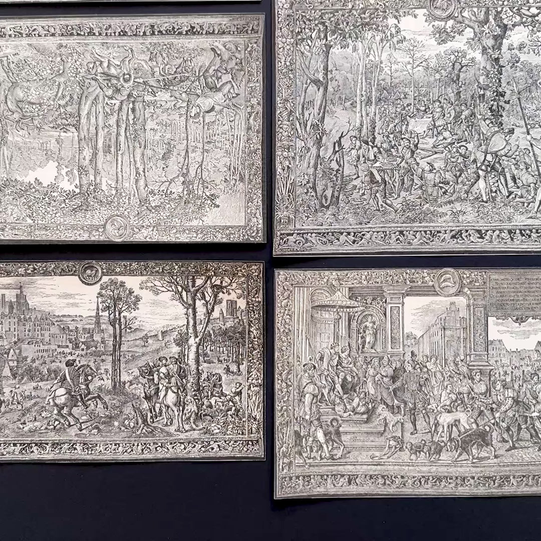 Set of 12 authentic 1911 French hand-cut engravings featuring Labours of the Months and astrological signs in ornate mythological borders; original Nouveau Larousse Illustré antique ephemera for junk journaling and collage.