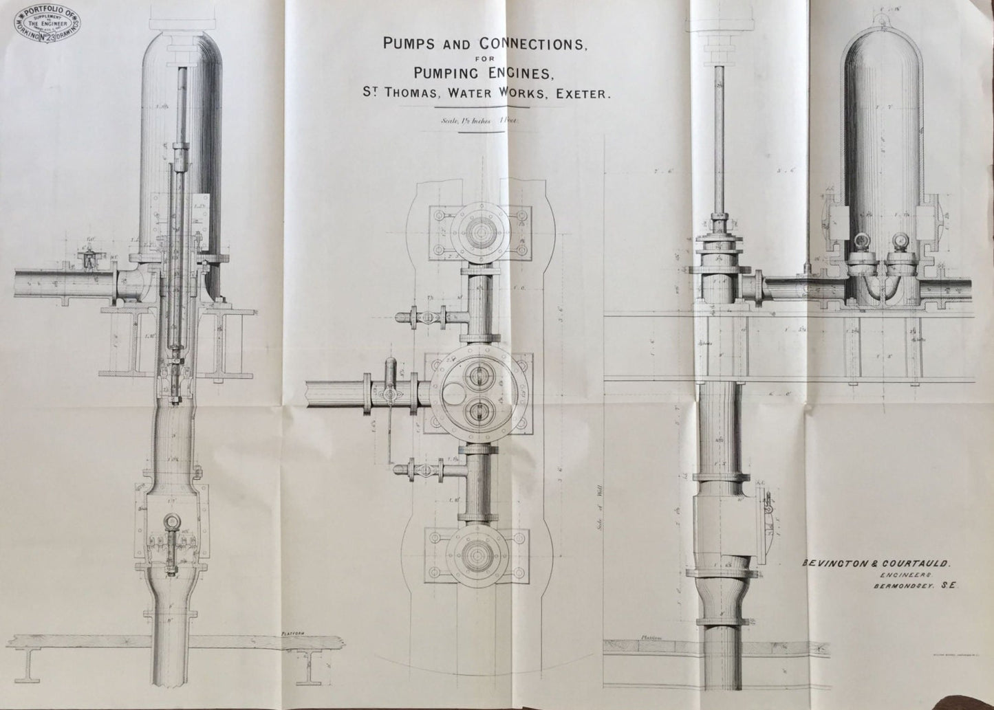 Large Antique Technical Drawing - Pumps and Connections - St. Thomas Waterworks, Exeter - 1869 Rare Poster-Sized Engineering Drawing