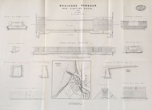 Large Antique Technical Drawing - Boulogne Harbour - 1869 Rare Poster-Sized Engineering Drawing