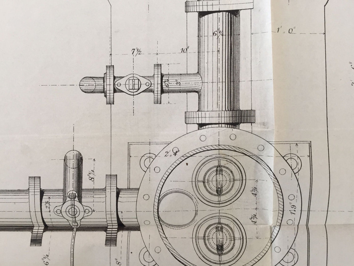 Large Antique Technical Drawing - Pumps and Connections - St. Thomas Waterworks, Exeter - 1869 Rare Poster-Sized Engineering Drawing