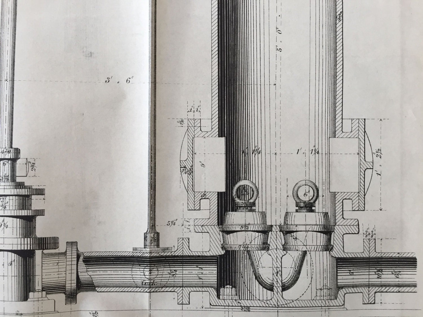 Large Antique Technical Drawing - Pumps and Connections - St. Thomas Waterworks, Exeter - 1869 Rare Poster-Sized Engineering Drawing