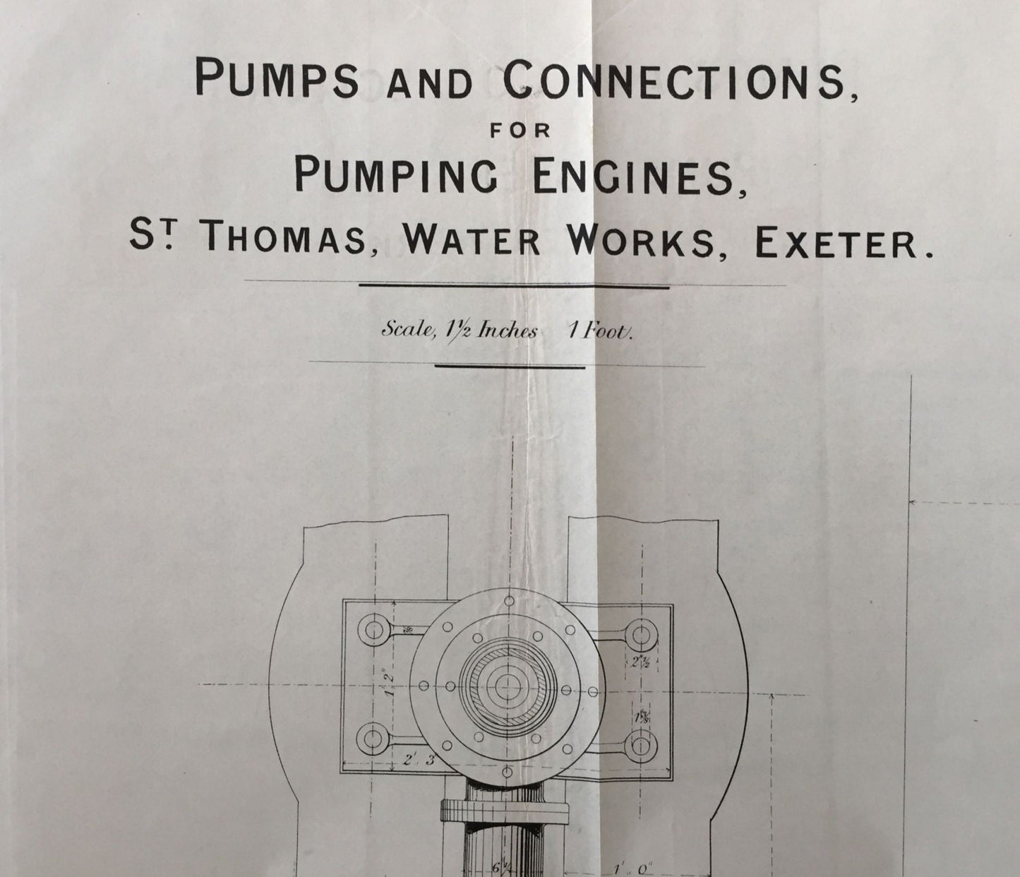 Large Antique Technical Drawing - Pumps and Connections - St. Thomas Waterworks, Exeter - 1869 Rare Poster-Sized Engineering Drawing