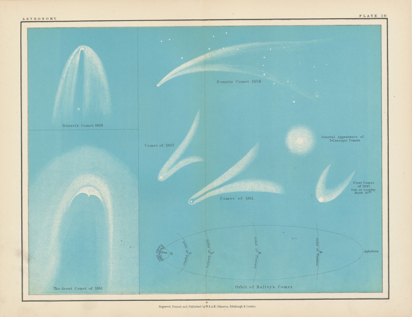 1877 Antique Astronomy Print on Comets - Halley - Donati - Home Decor - Office Decor - Gift for Him / Her