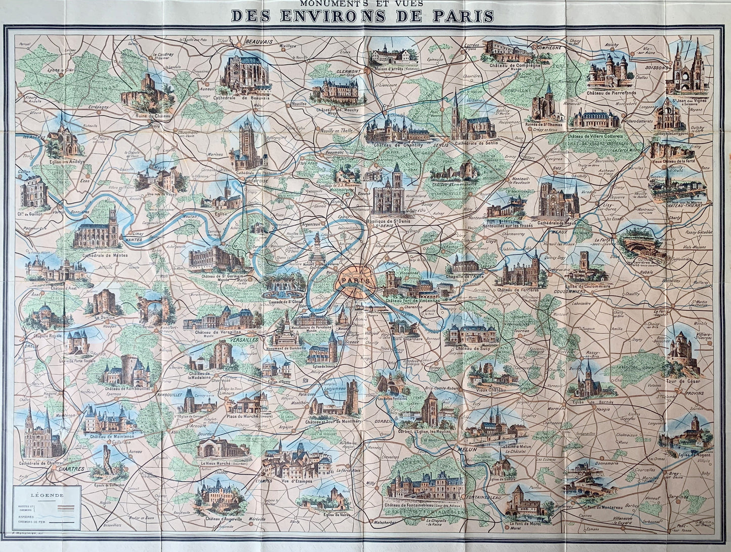 Vintage Poster-Size Paris Monuments - Attractions in the Vicinity of Paris - Vintage Poster - Vintage City Map - Old City Map