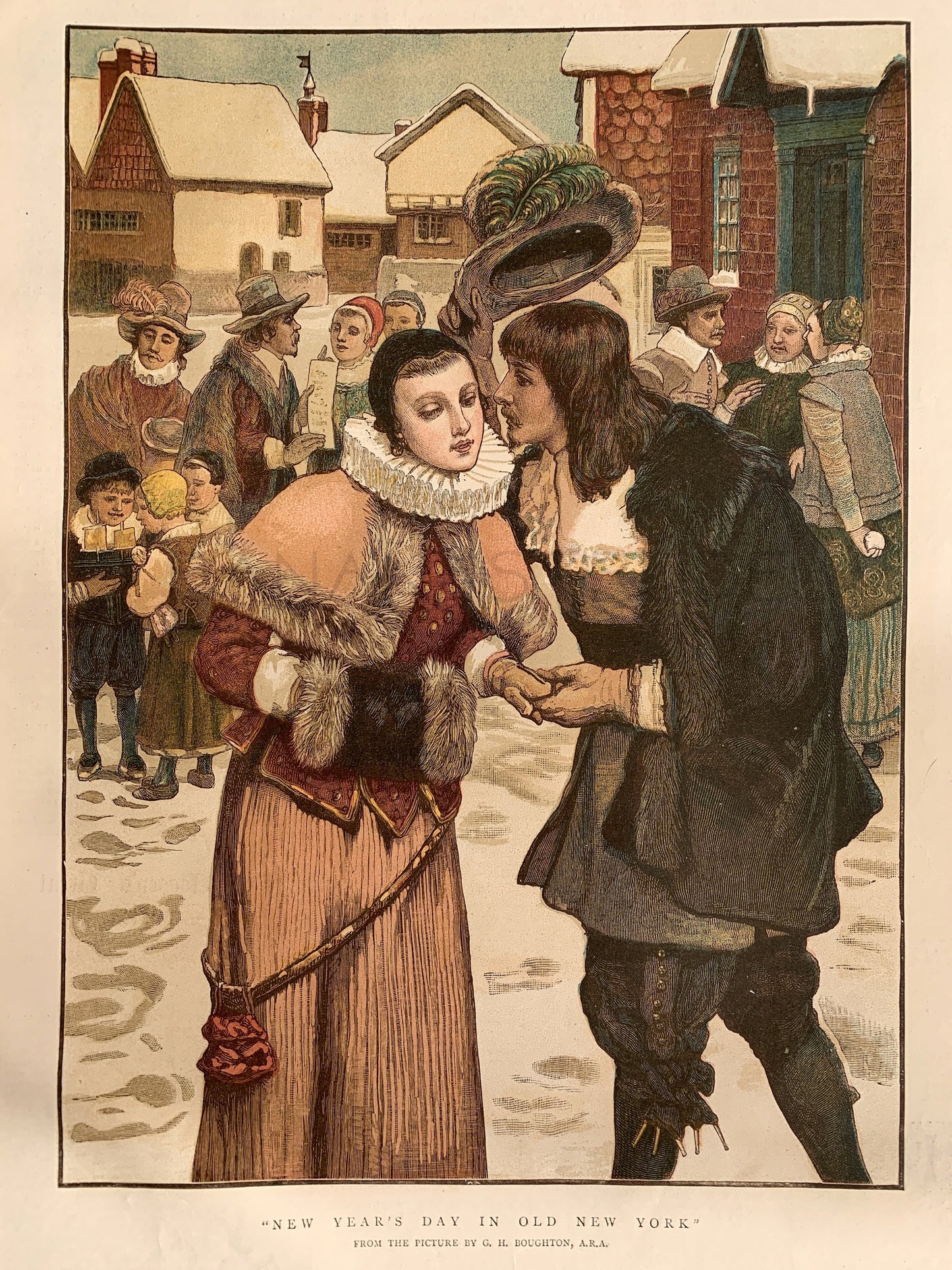 1882 A Kiss - Old New York - Large Rare Antique Colour Lithograph Print - Boughton - Winter Scene - Costume