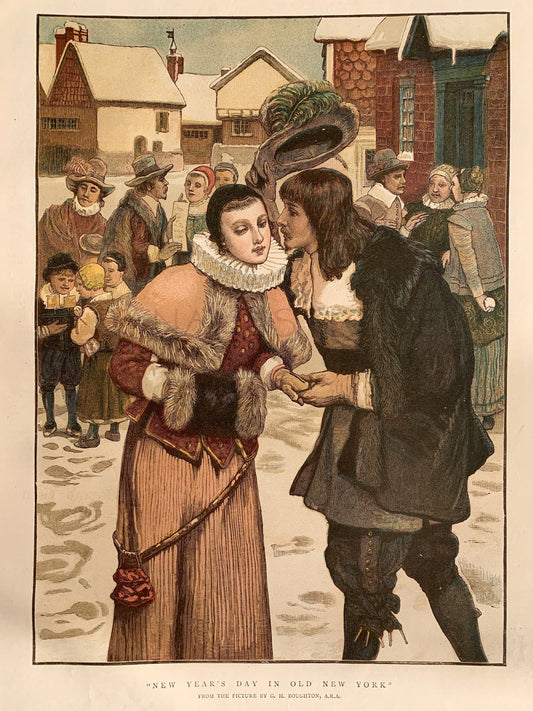 1882 A Kiss - Old New York - Large Rare Antique Colour Lithograph Print - Boughton - Winter Scene - Costume