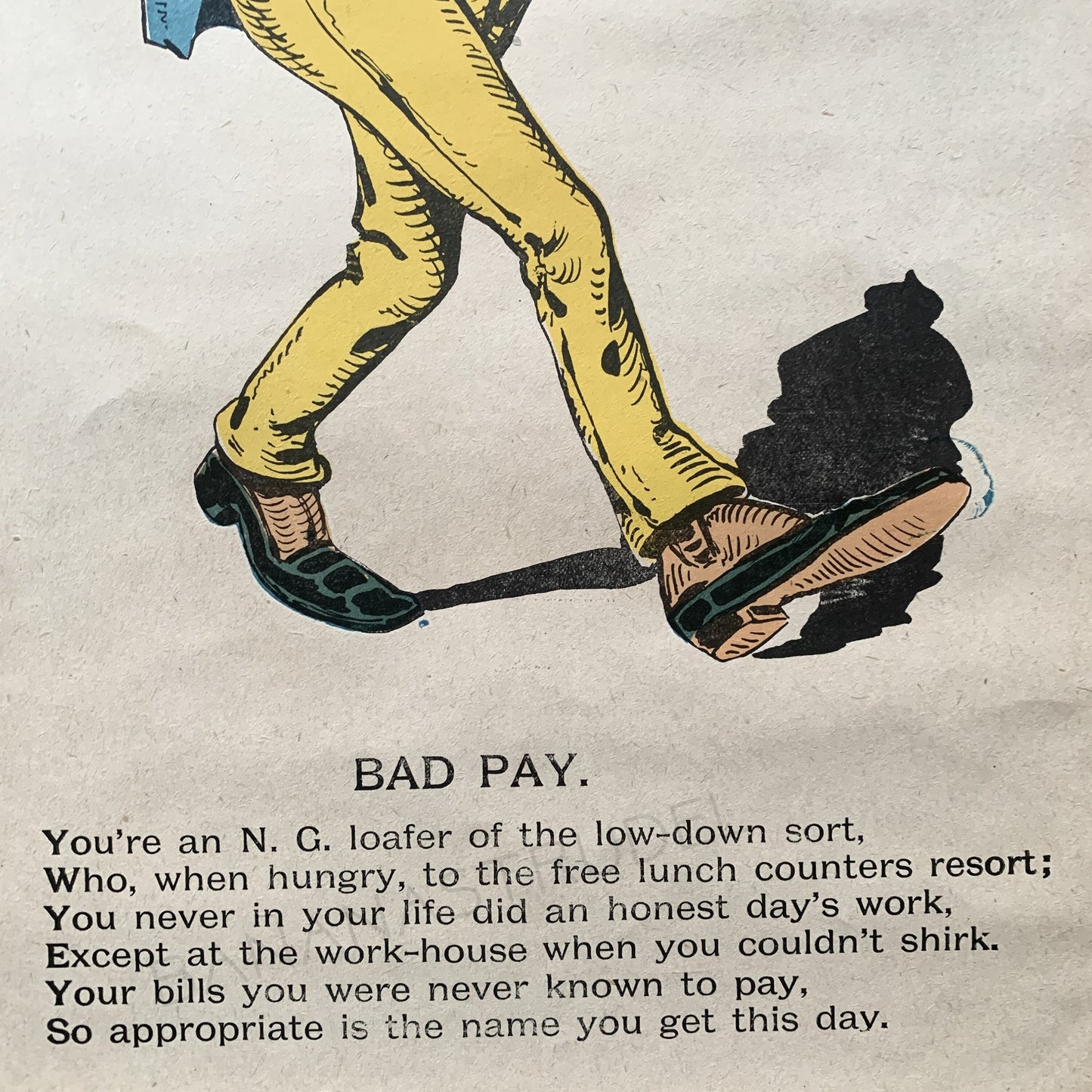Very Rare Large Antique Penny Dreadful / Vinegar Valentine / 1850s - 1890s - Caricature - Drawing - Loafer / Bad Pay / Free Lunch