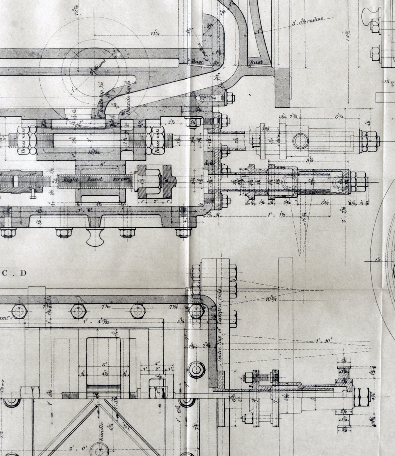 1871 Rare Poster-Sized Blueprint / Technical Drawing. Beam Engine, Luton Water Works.