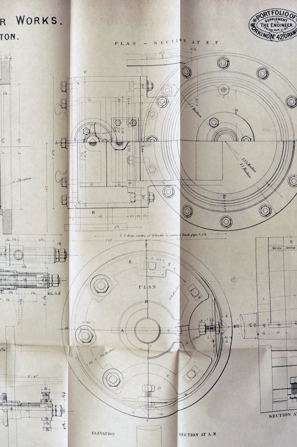 1871 Rare Poster-Sized Blueprint / Technical Drawing. Beam Engine, Luton Water Works.